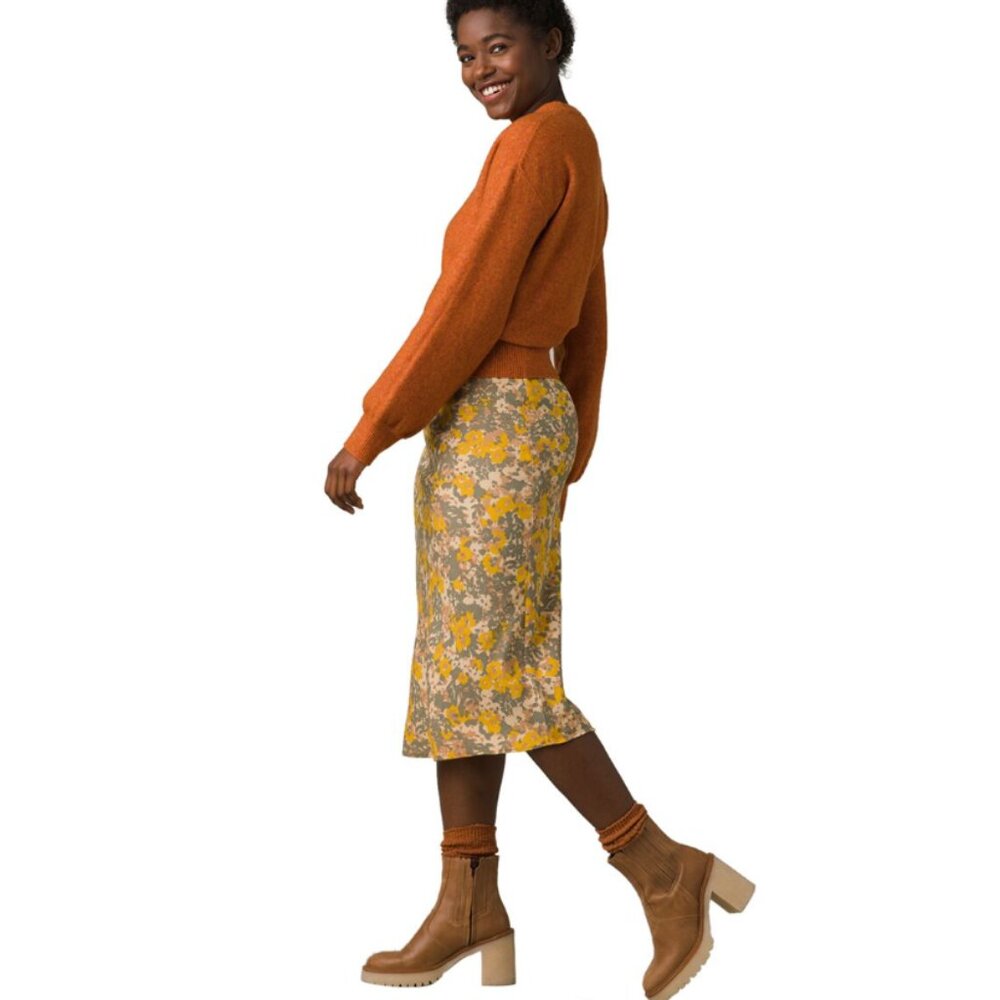 prAna Puffect A-Line Midi Skirt | Yellow & Green Floral | NWOT | LG